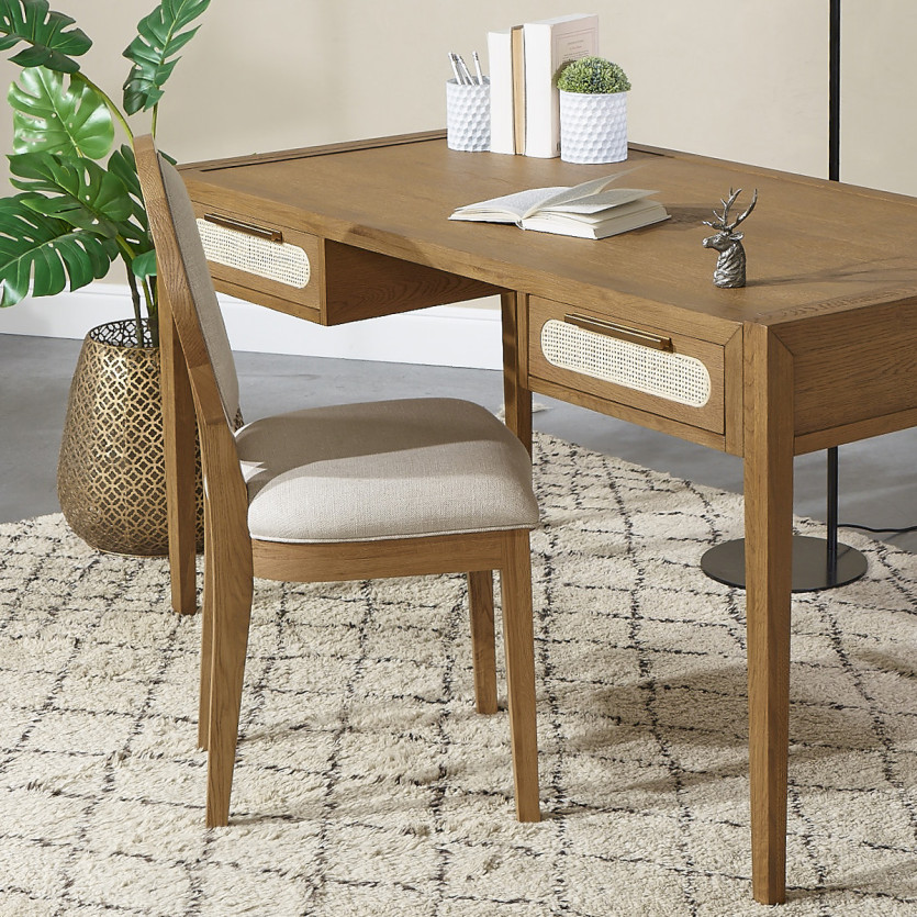 MONTANA – Scrivania in rovere, paglia di Vienna e ottone stile moderno, 2 cassetti