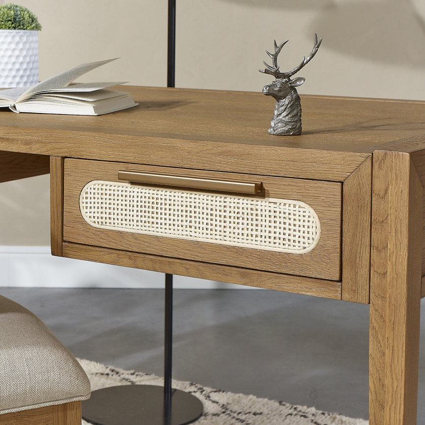 MONTANA – Schreibtisch im modernen Stil aus Eiche, Wiener Geflecht und Messing, 2 Schubladen