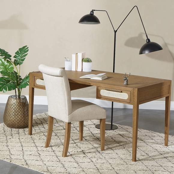 MONTANA – Modern-style desk in oak, cane webbing, and brass, 2 drawers