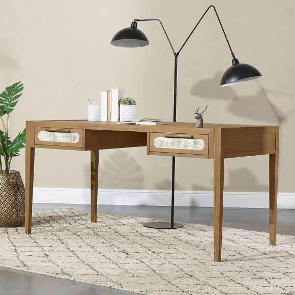 MONTANA – Scrivania in rovere, paglia di Vienna e ottone stile moderno, 2 cassetti