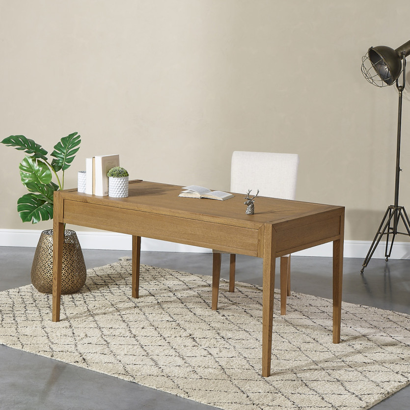 MONTANA - Bureau en chêne, cannage et laiton style moderne, 2 tiroirs