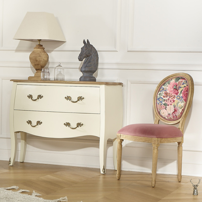 MEDAILLON – Set of 2 shabby chic-style chairs in wood and floral fabric
