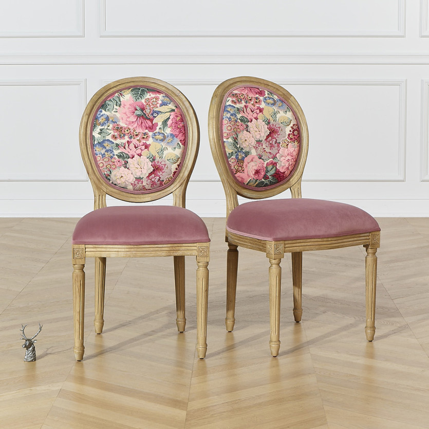 MEDAILLON – Set of 2 shabby chic-style chairs in wood and floral fabric