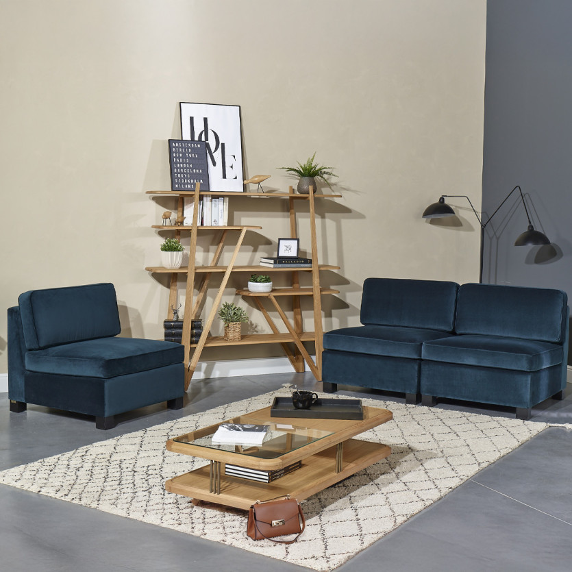 Sillón modular LEONNARD - Estilo contemporáneo en terciopelo y madera certificada FSC®