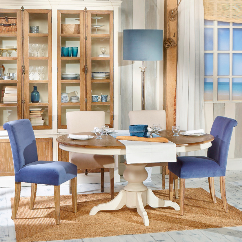 ARIANE - Table à manger extensible style romantique, plateau chêne, pied blanc, 6/8 couverts