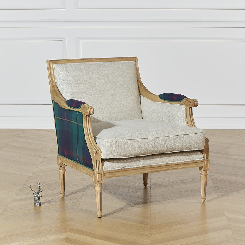 VILLANDRY OXFORD - Fauteuil bergère style classique en velours de coton et bois massif, 1 place