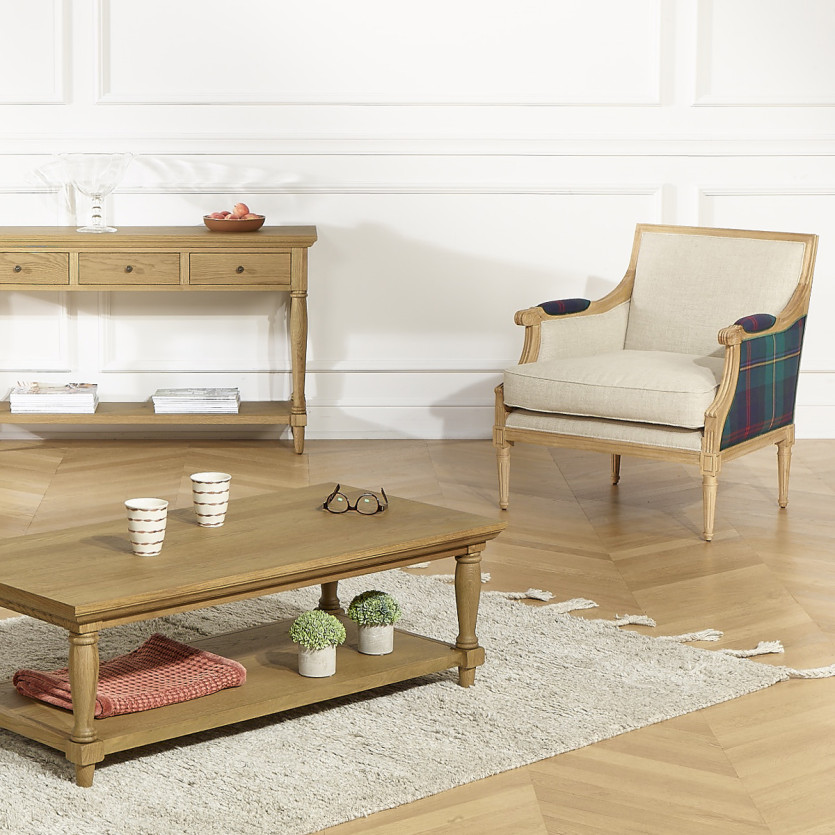 VILLANDRY OXFORD - Fauteuil bergère style classique en velours de coton et bois massif, 1 place