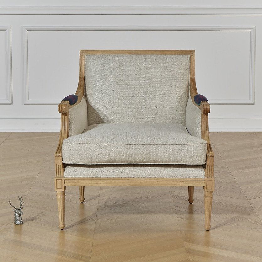 VILLANDRY OXFORD - Fauteuil bergère style classique en velours de coton et bois massif, 1 place