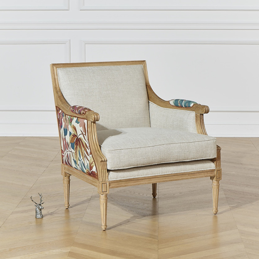 VILLANDRY ROBIN WOOD - Fauteuil bergère style shabby chic en lin premium et bois massif, 1 place