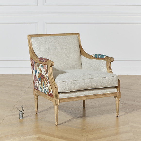 VILLANDRY ROBIN WOOD Bergère Armchair - Shabby chic style in premium linen and solid wood, 1 seat