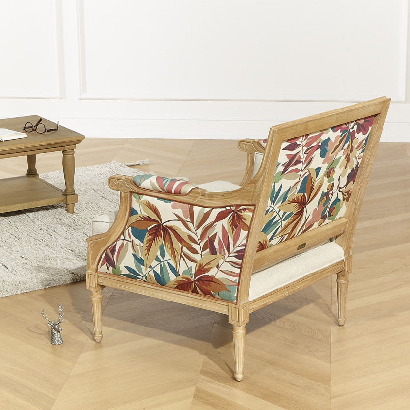VILLANDRY ROBIN WOOD - Fauteuil bergère style shabby chic en lin premium et bois massif, 1 place