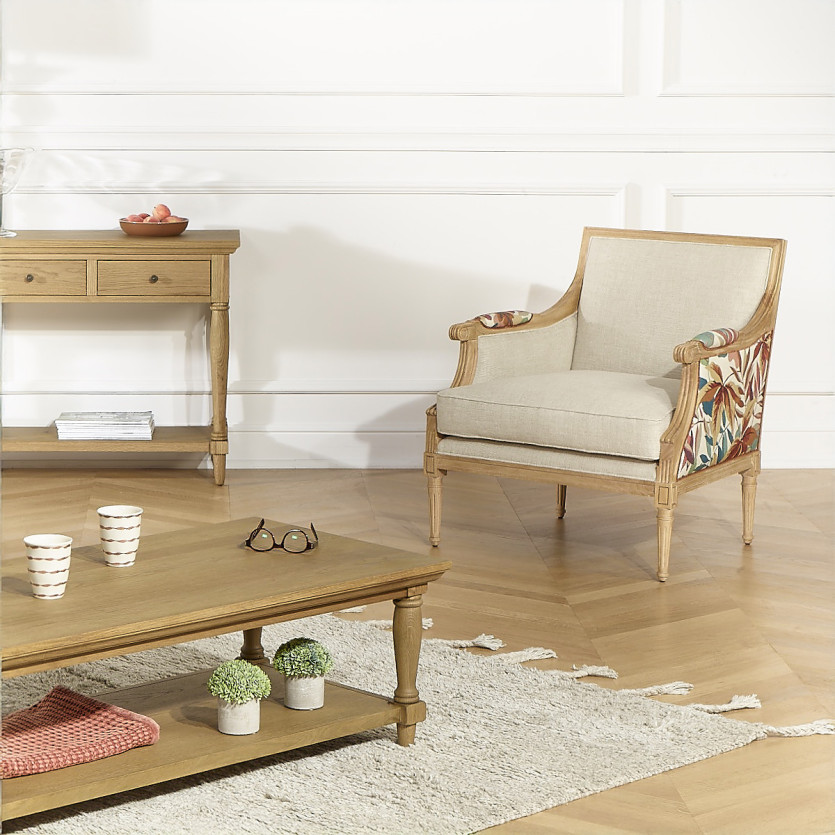 VILLANDRY ROBIN WOOD - Fauteuil bergère style shabby chic en lin premium et bois massif, 1 place