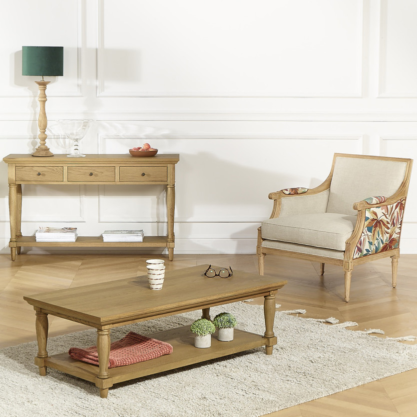 VILLANDRY ROBIN WOOD - Fauteuil bergère style shabby chic en lin premium et bois massif, 1 place
