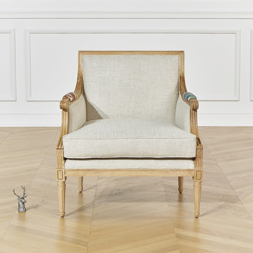 VILLANDRY ROBIN WOOD - Fauteuil bergère style shabby chic en lin premium et bois massif, 1 place