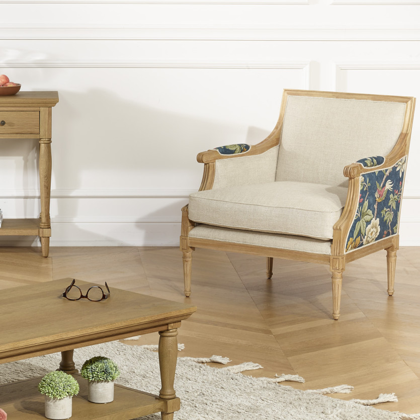 VILLANDRY LOPHURA - Fauteuil bergère style shabby chic en velours de coton et bois massif, 1 place