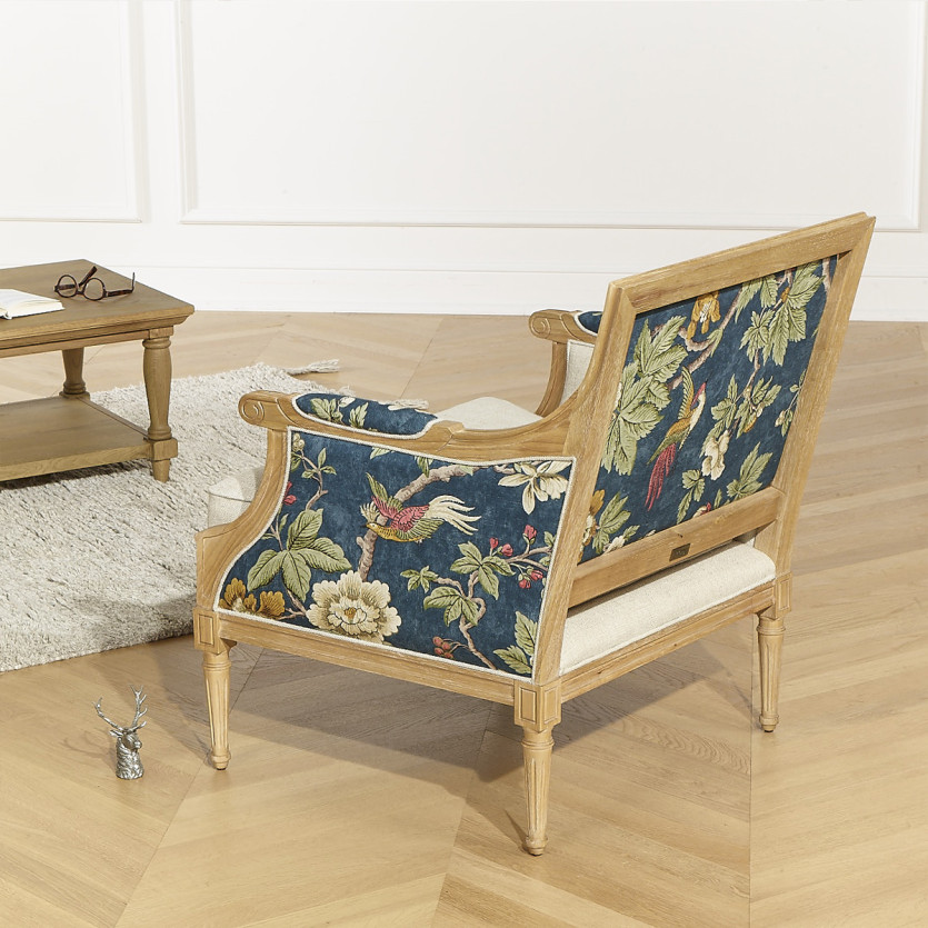 VILLANDRY LOPHURA - Fauteuil bergère style shabby chic en velours de coton et bois massif, 1 place