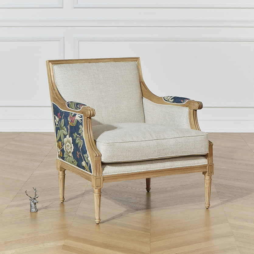 VILLANDRY LOPHURA - Fauteuil bergère style shabby chic en velours de coton et bois massif, 1 place