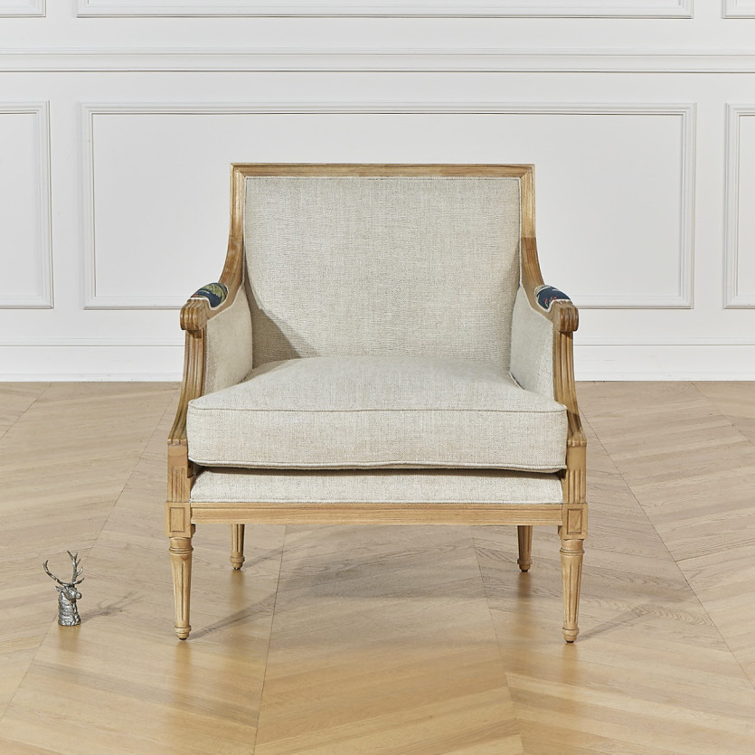 VILLANDRY LOPHURA - Fauteuil bergère style shabby chic en velours de coton et bois massif, 1 place