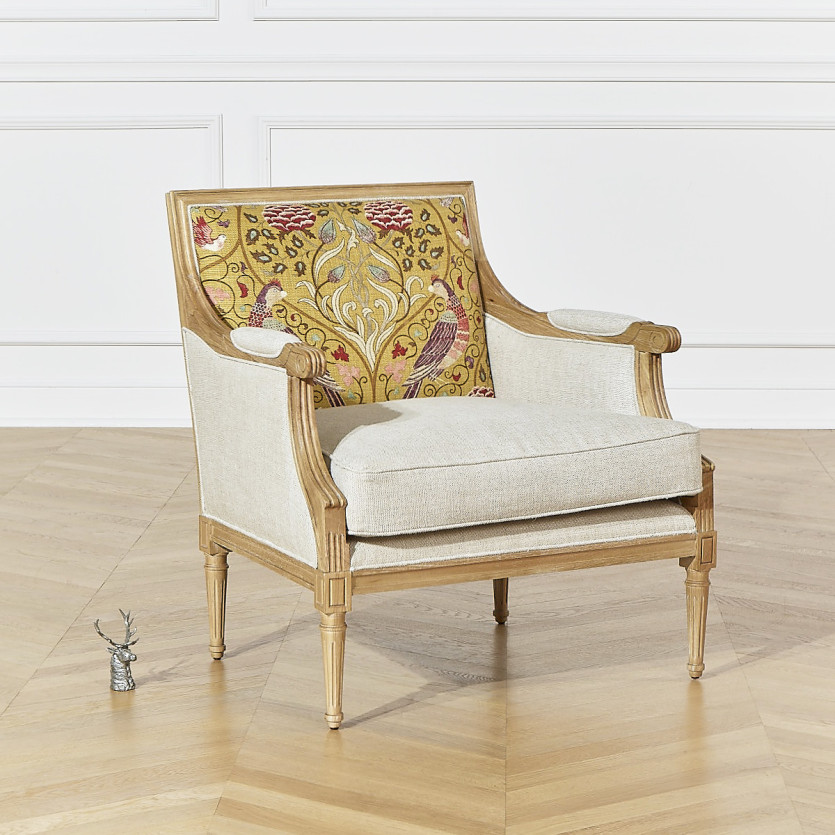 VILLANDRY ART DÉCO - Fauteuil bergère style romantique en lin premium et bois massif, 1 place