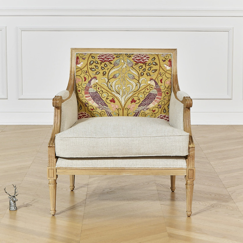 VILLANDRY ART DÉCO - Fauteuil bergère style romantique en lin premium et bois massif, 1 place
