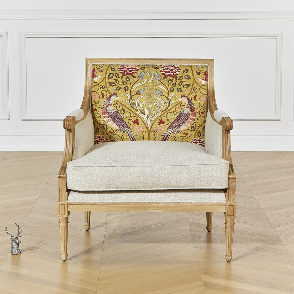 Fauteuil Bergère VILLANDRY ART DÉCO - Romantischer Stil aus Premium-Leinen und Massivholz, 1-Sitzer