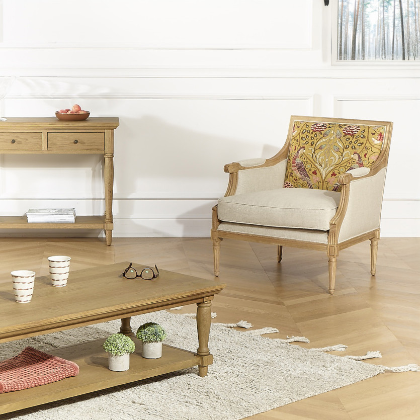 VILLANDRY ART DÉCO - Fauteuil bergère style romantique en lin premium et bois massif, 1 place