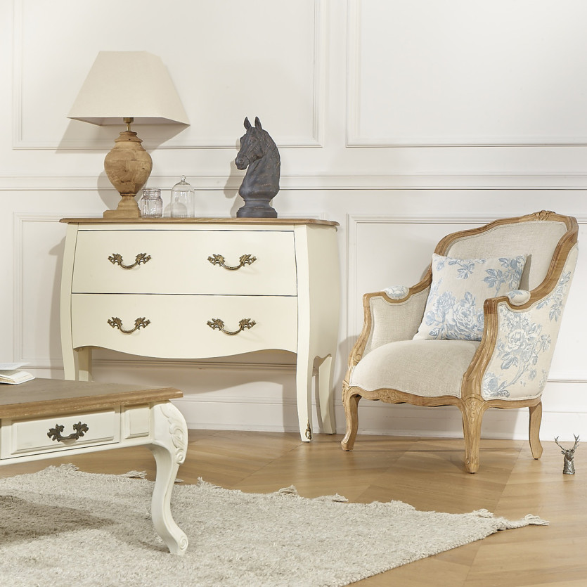 VICTOR JACQUARD - Fauteuil bergère style campagne chic en bois massif et tissu lin fleuri bleu ciel, 1 place
