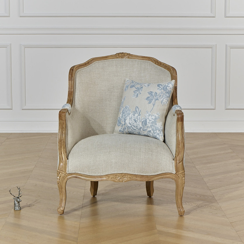 VICTOR JACQUARD - Fauteuil bergère style campagne chic en bois massif et tissu lin fleuri bleu ciel, 1 place