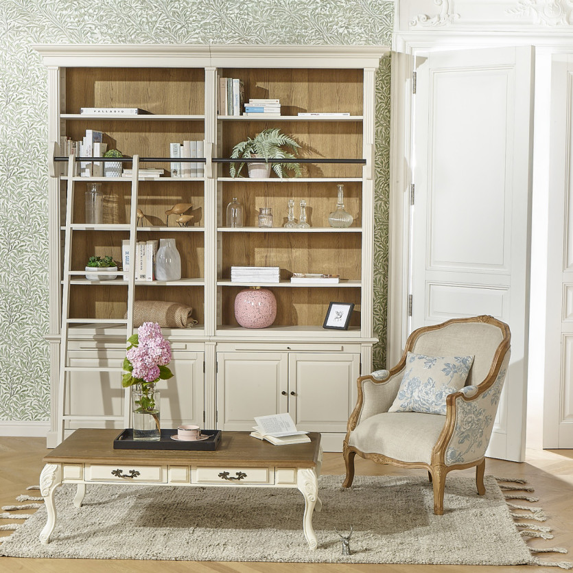 VICTOR JACQUARD - Fauteuil bergère style campagne chic en bois massif et tissu lin fleuri bleu ciel, 1 place