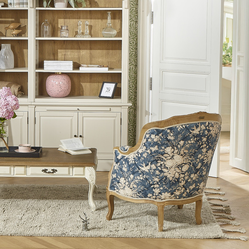 VICTOR 7 SISTERS - Fauteuil Bergère style romantique en bois massif, lin et tissu fleuri bleu et blanc, 1 place