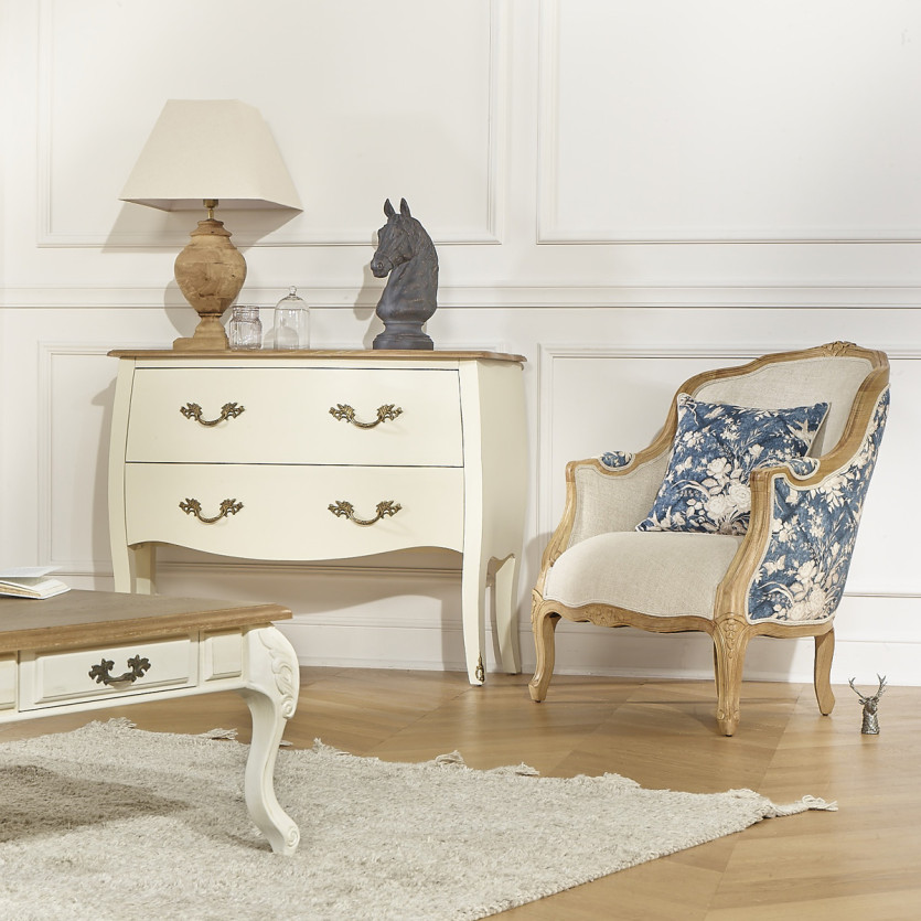 VICTOR 7 SISTERS - Fauteuil Bergère style romantique en bois massif, lin et tissu fleuri bleu et blanc, 1 place