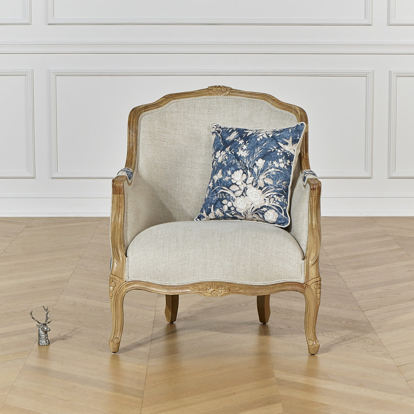 VICTOR 7 SISTERS - Fauteuil Bergère style romantique en bois massif, lin et tissu fleuri bleu et blanc, 1 place