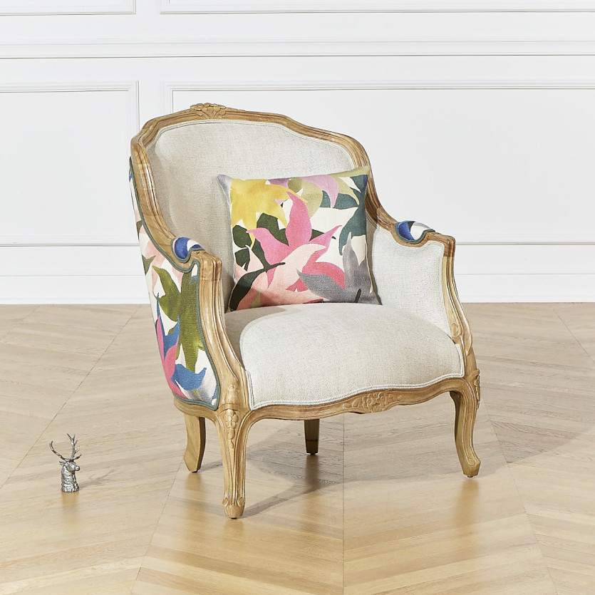 Sillón bergère VICTOR IRIS – De estilo romántico en tela estampada floral y madera maciza, 1 plaza