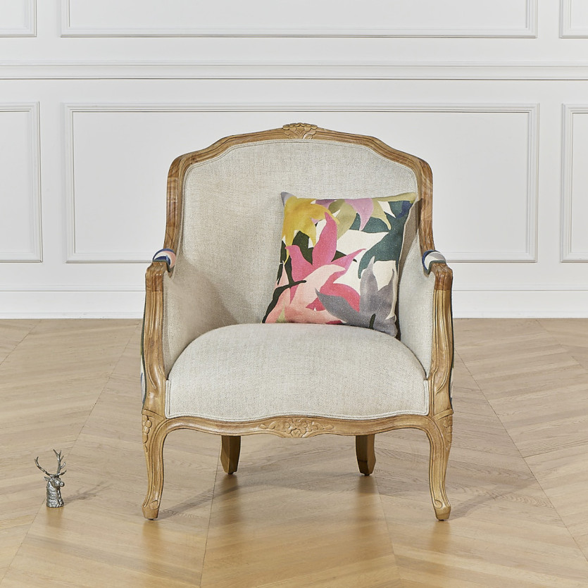 Sillón bergère VICTOR IRIS – De estilo romántico en tela estampada floral y madera maciza, 1 plaza