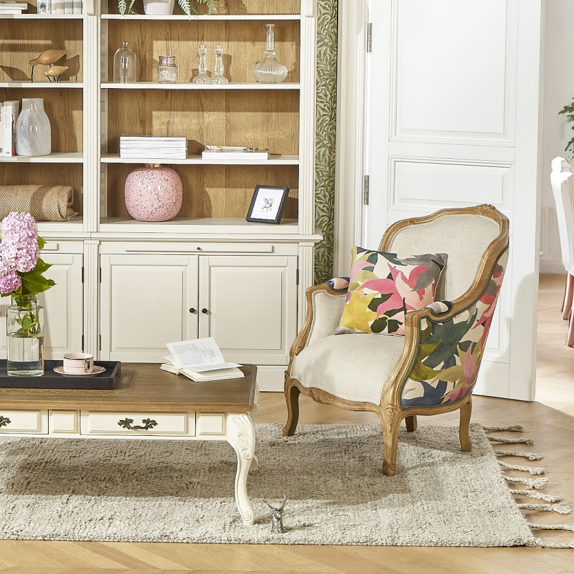 Poltrona bergère VICTOR IRIS –  Stile romantico in tessuto floreale stampato e legno massiccio, 1 posto