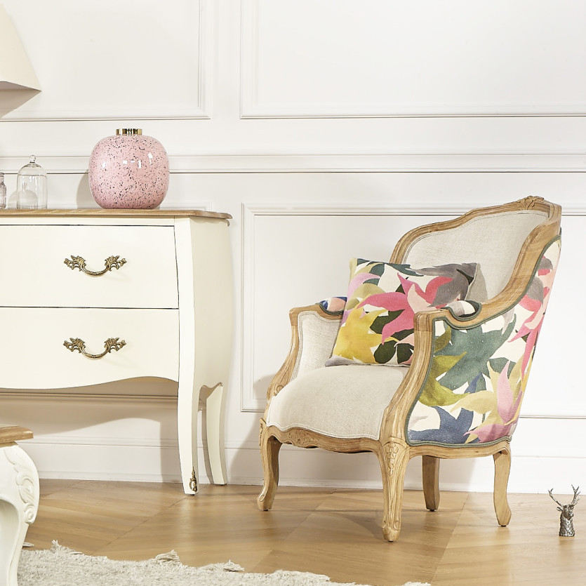 VICTOR IRIS - Fauteuil bergère style romantique en tissu imprimé fleuri et bois massif, 1 place