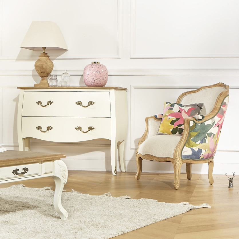 VICTOR IRIS - Fauteuil bergère style romantique en tissu imprimé fleuri et bois massif, 1 place