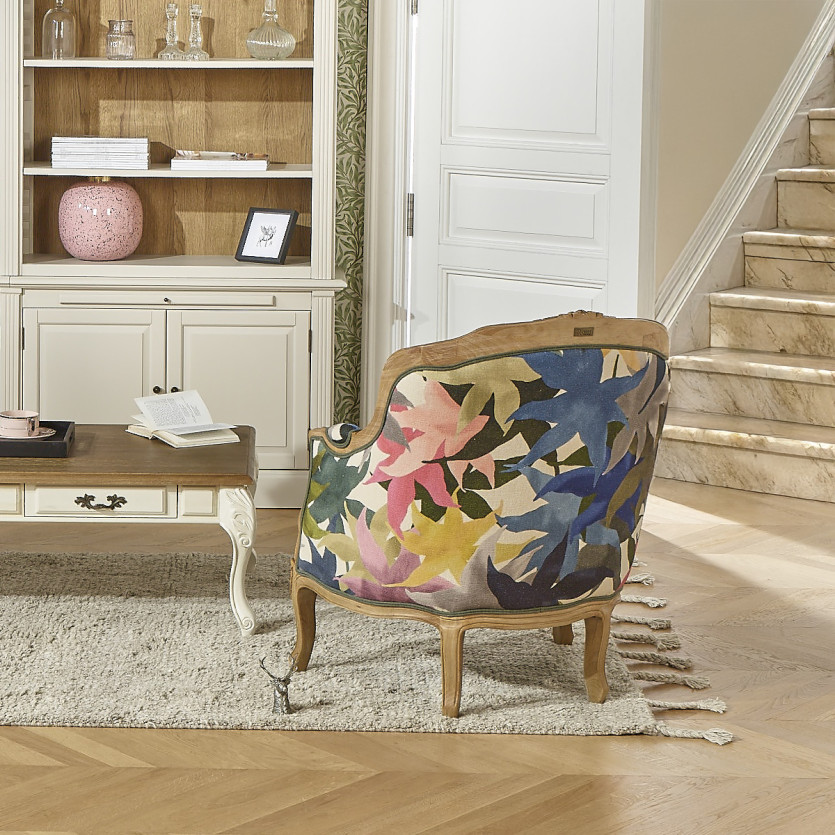 VICTOR IRIS - Fauteuil bergère style romantique en tissu imprimé fleuri et bois massif, 1 place