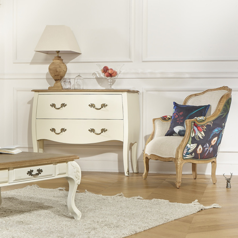 VICTOR ATLANTIS – Romantic-style Bergère armchair in solid wood and black floral fabric, single seat