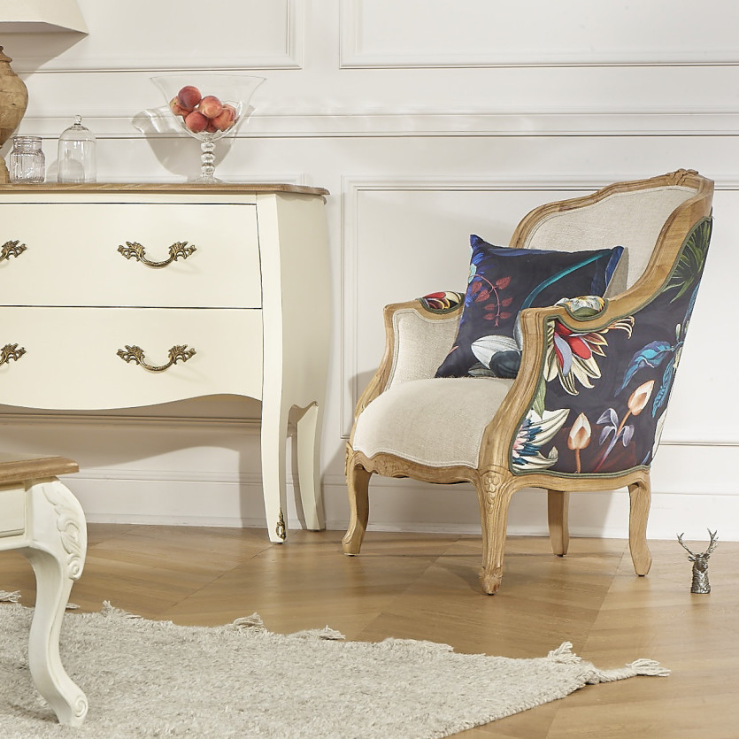VICTOR ATLANTIS – Romantic-style Bergère armchair in solid wood and black floral fabric, single seat