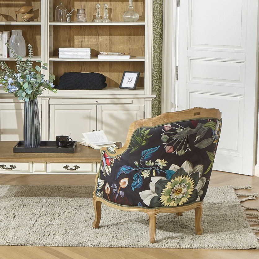 VICTOR ATLANTIS – Romantic-style Bergère armchair in solid wood and black floral fabric, single seat