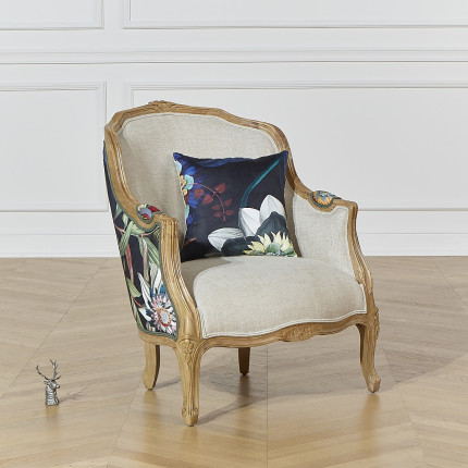Sillón bergère VICTOR ATLANTIS - Estilo romántico en madera maciza y tela floral negra, 1 plaza