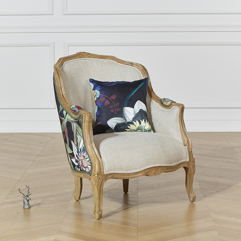 VICTOR ATLANTIS – Romantic-style Bergère armchair in solid wood and black floral fabric, single seat