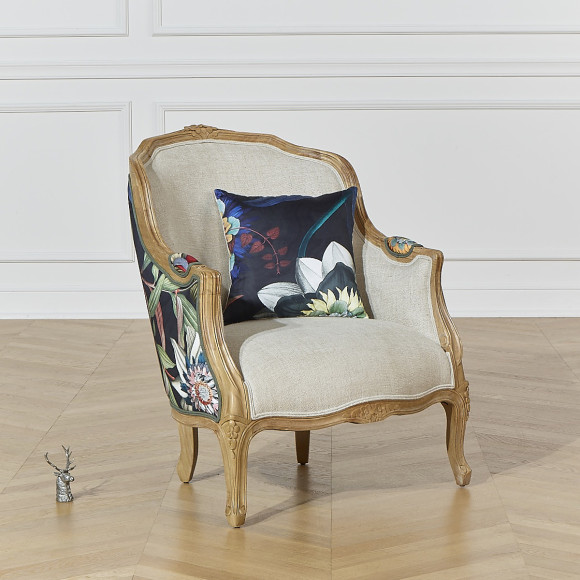 VICTOR ATLANTIS bergère armchair - Romantic style in solid wood and black floral fabric, 1 seat