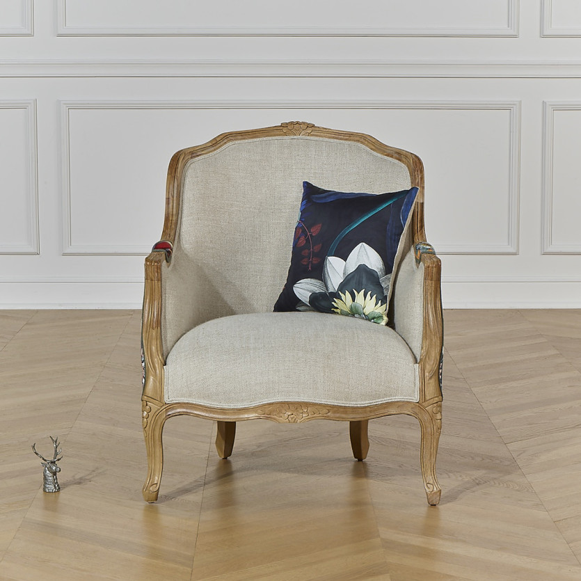 VICTOR ATLANTIS – Romantic-style Bergère armchair in solid wood and black floral fabric, single seat