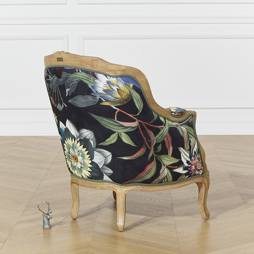 VICTOR ATLANTIS – Romantic-style Bergère armchair in solid wood and black floral fabric, single seat