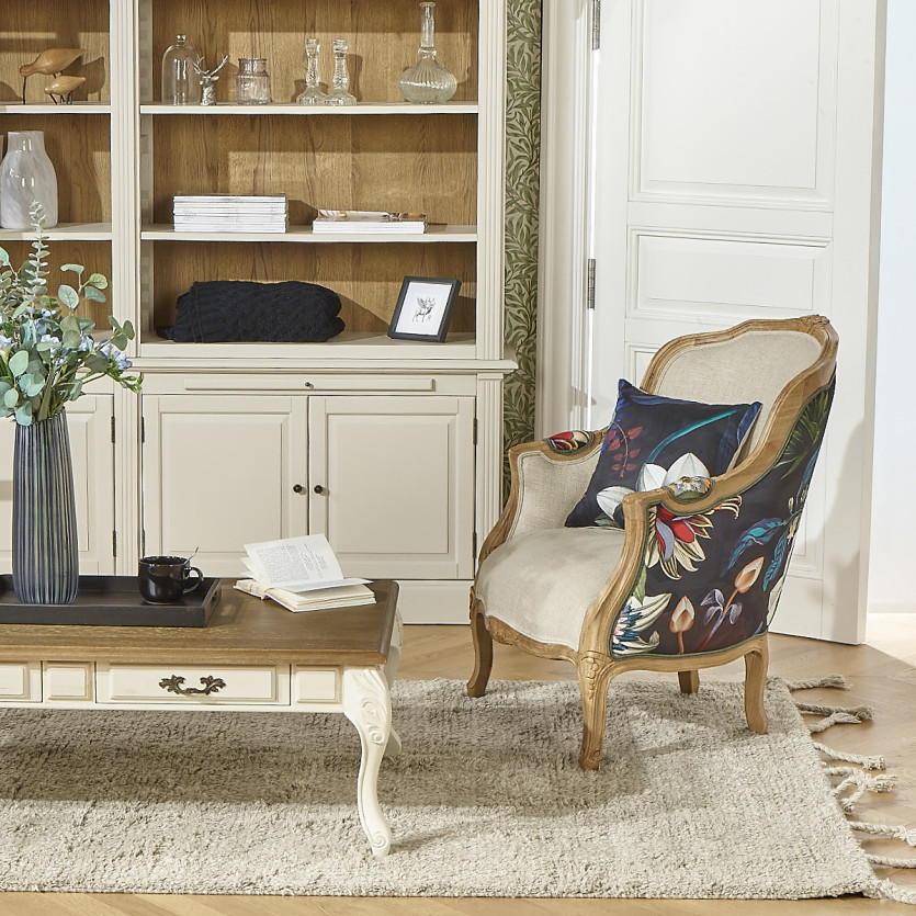 VICTOR ATLANTIS – Romantic-style Bergère armchair in solid wood and black floral fabric, single seat