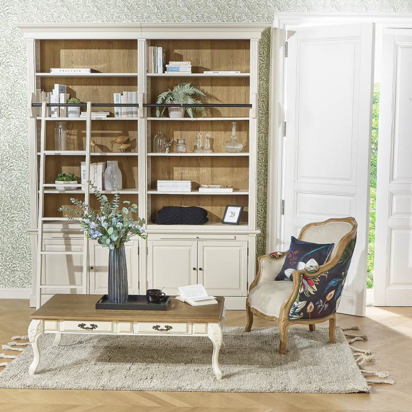 Poltrona bergère VICTOR ATLANTIS - Stile romantico in legno massiccio e tessuto floreale nero, 1 posto