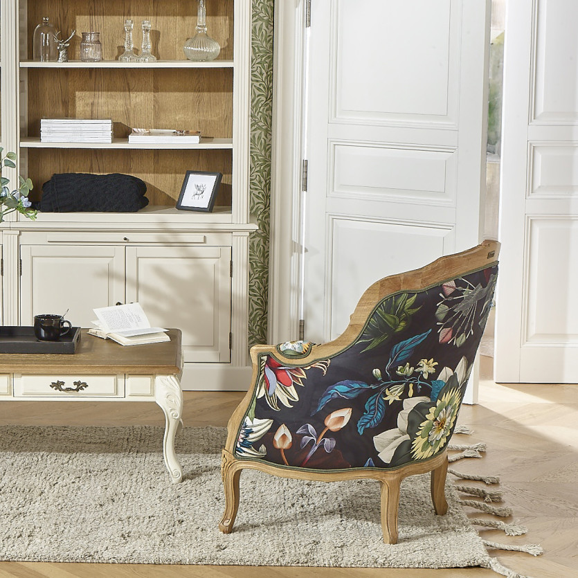 VICTOR ATLANTIS – Romantic-style Bergère armchair in solid wood and black floral fabric, single seat