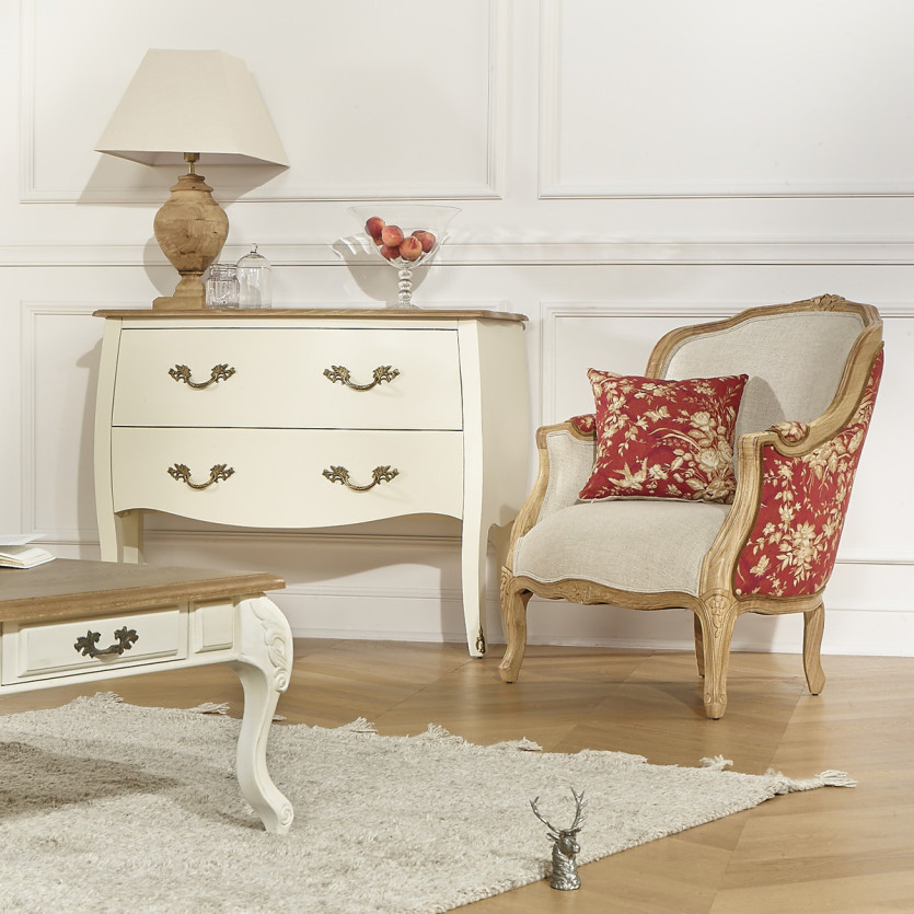 VICTOR TRAFALGAR - Fauteuil bergère style shabby chic, lin imprimé fleuri rouge et bois massif, 1 place